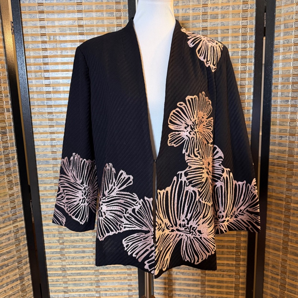 Misook Floral Knit Cardigan Women S Black Rose Gold Metallic Open Front Jacket